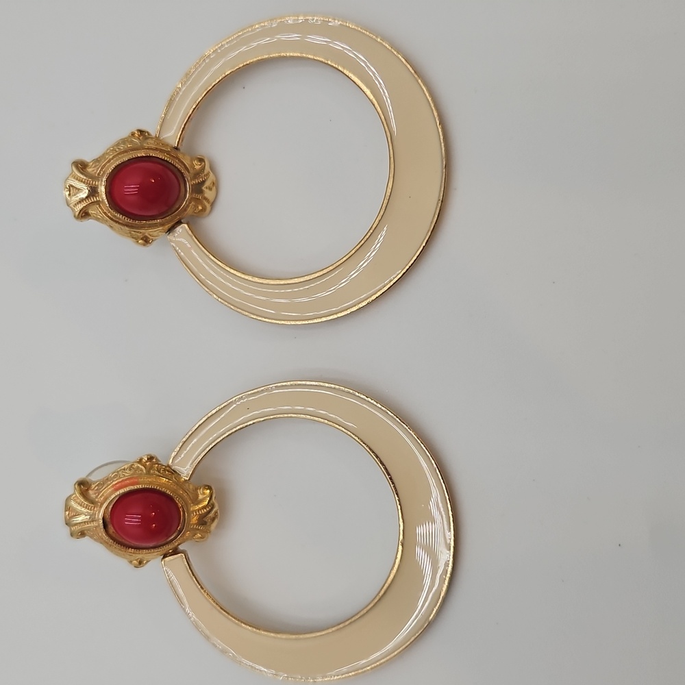 VINTAGE GOLD HOOP EARRINGS RED CREAM GOLD COLORED 2" Victorian